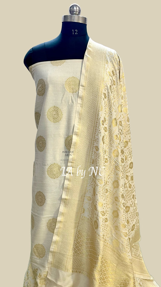 Beige Banarasi Pure Munga Silk Dress Material