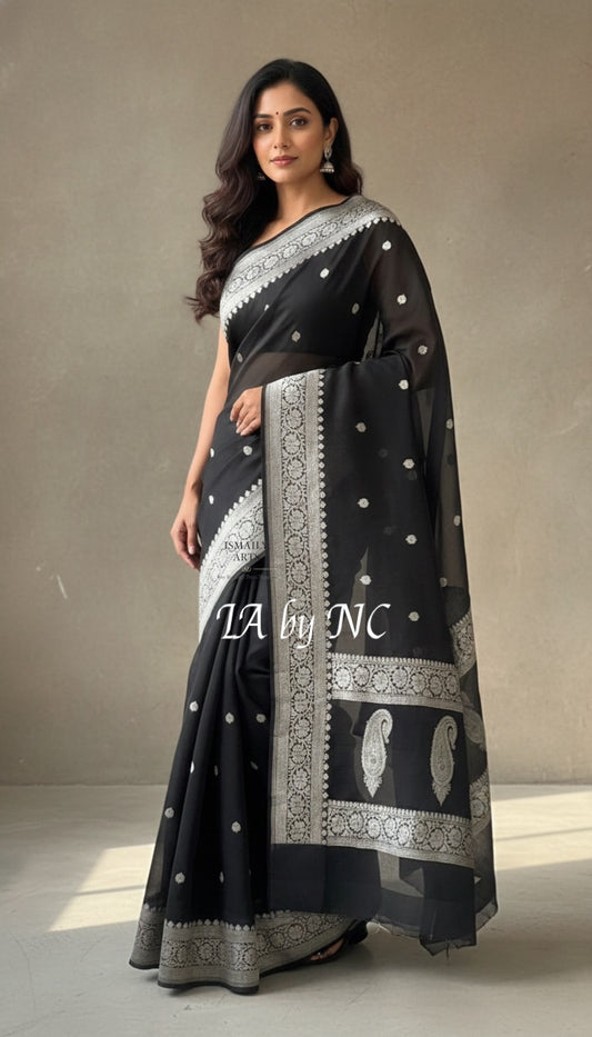 Black Banarasi Pure Khaddi Georgette Kadwa Saree