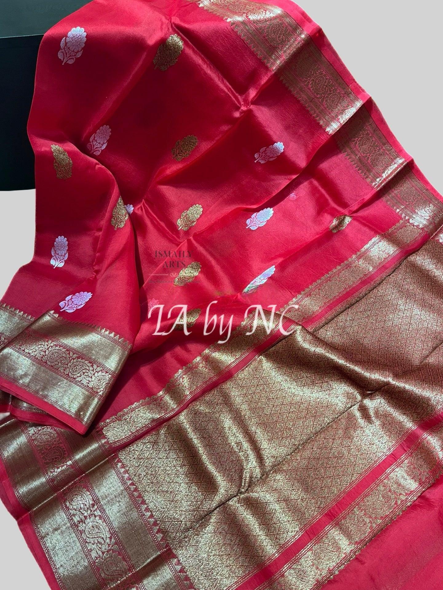 Chilli Banarasi Pure Kora Organza Kadwa Saree