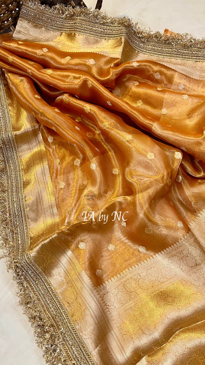 Tangerine Banarasi Pure Tissue Silk Saree