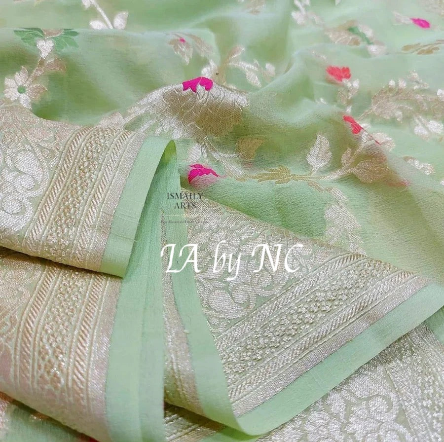 Mint Banarasi Pure Khaddi Georgette Meenakari Saree