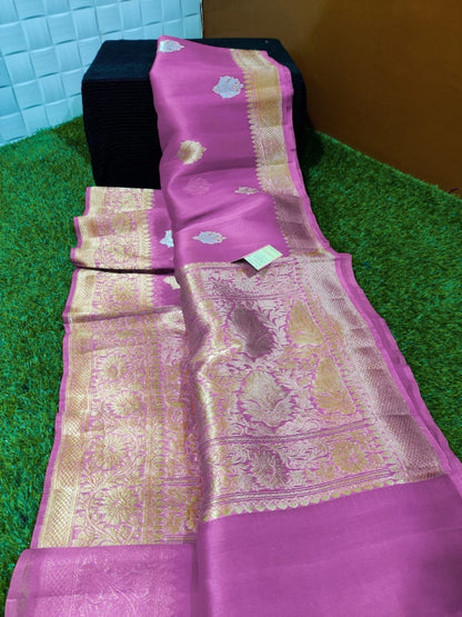 Tangerine Banarasi Pure Kora Organza Kadwa Saree