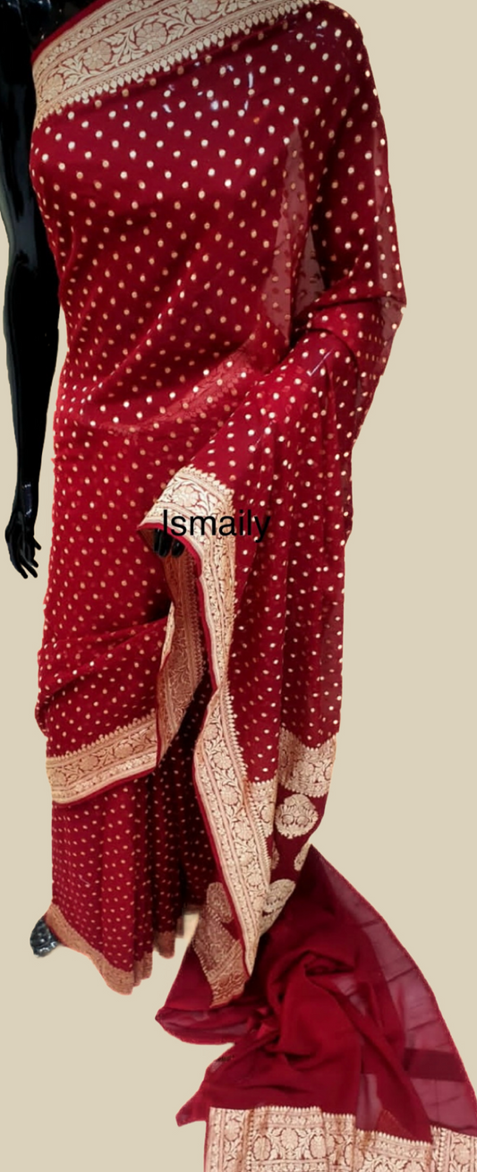 Carmine Banarasi Pure Khaddi Georgette Saree