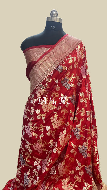 Carmine Banarasi Pure Katan Silk Tilfi Meenakari Saree