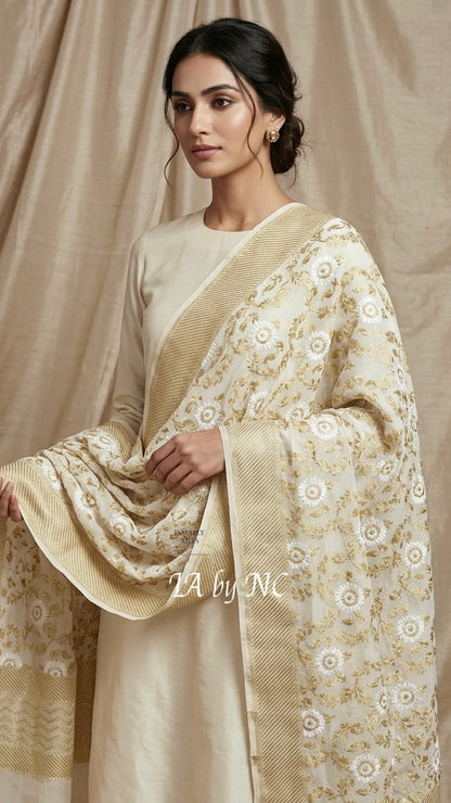 Beige Banarasi Pure Khaddi Georgette Dupatta