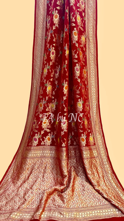 Carmine Banarasi Pure Khaddi Georgette Saree