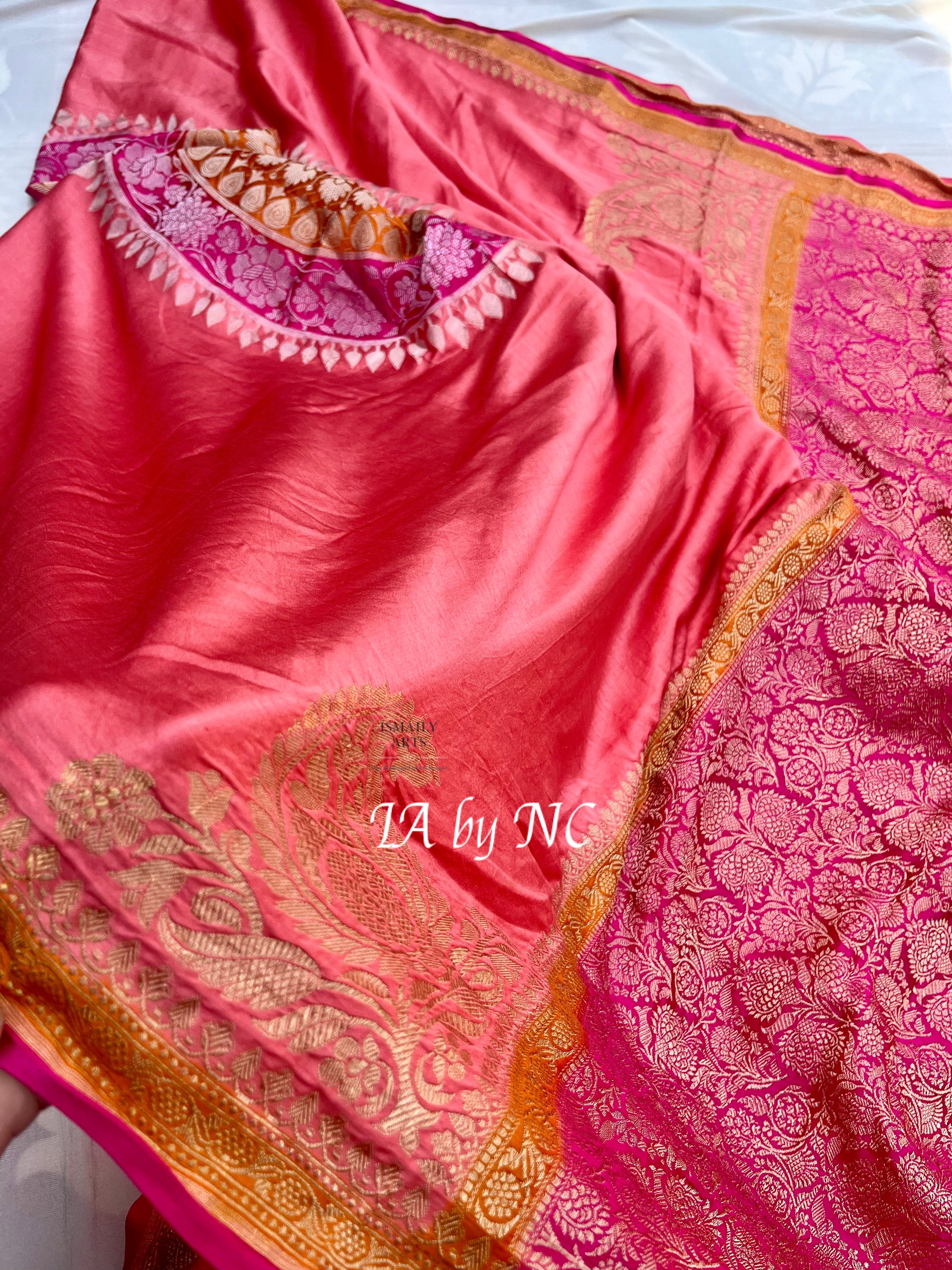 Salmon Banarasi Pure Katan Mashru Silk Saree
