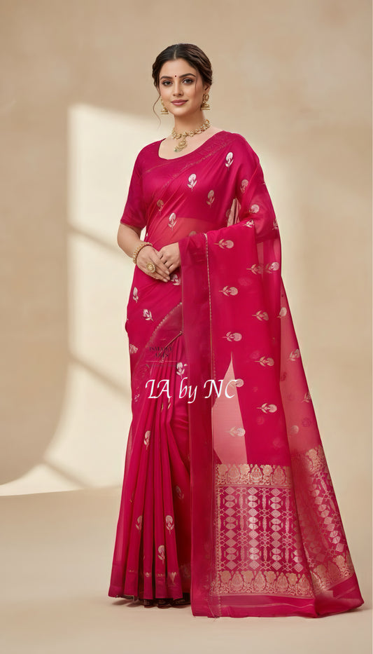Cerise Banarasi Pure Kora Silk Saree