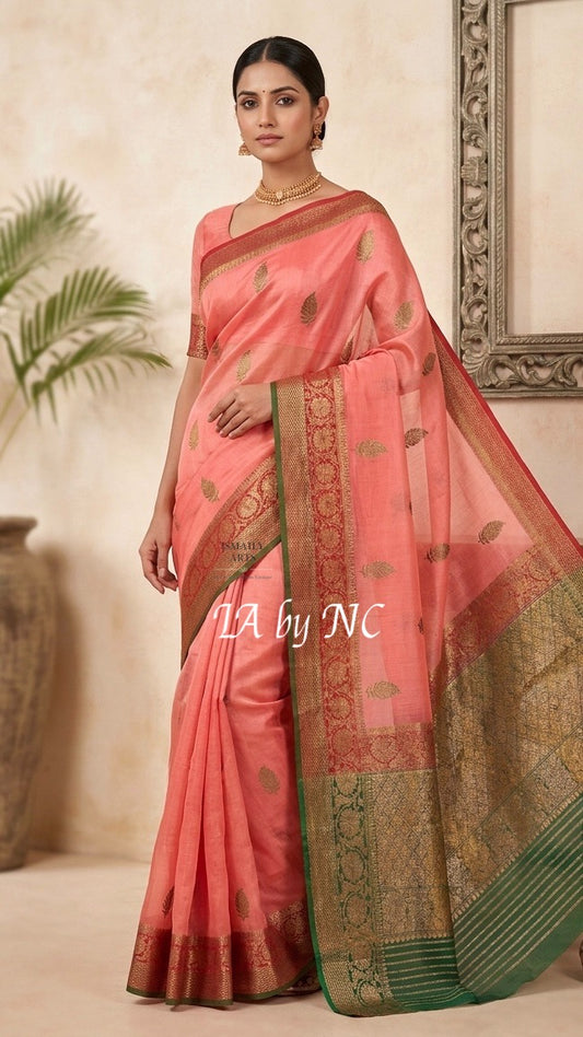 Salmon Banarasi Pure Kora Silk Kadwa Saree