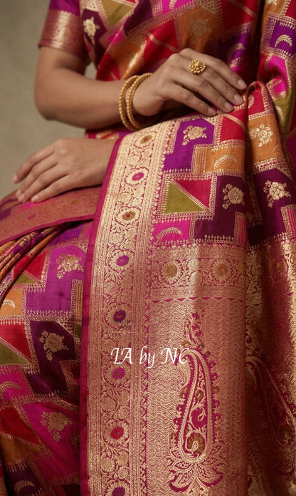 Mulberry Banarasi Pure Katan Silk Tilfi Meenakari Rangkat Saree