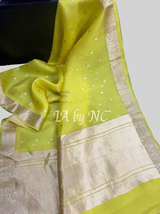 Lemon Banarasi Pure Kora Organza Kadwa Saree