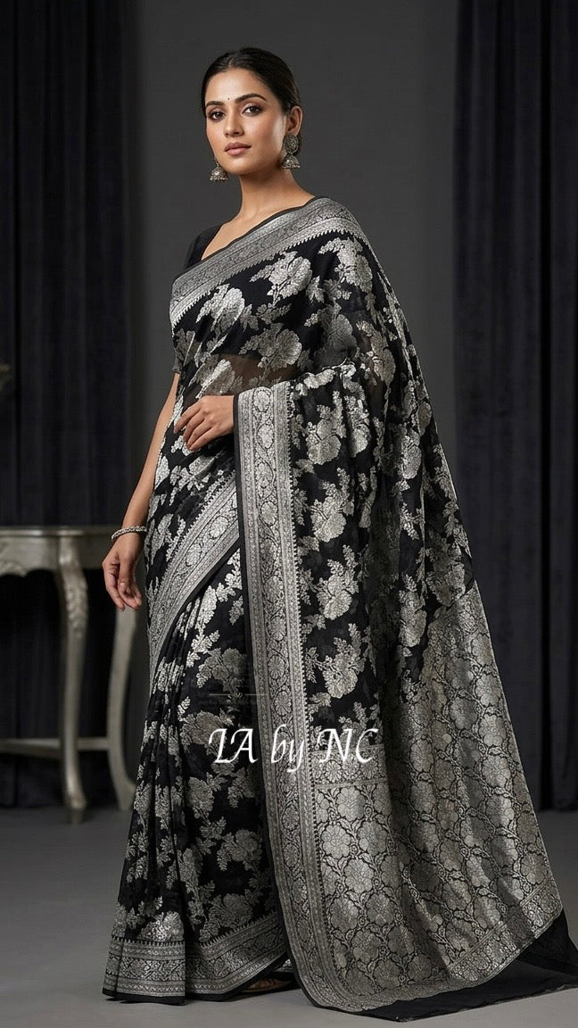 Black Banarasi Pure Khaddi Georgette Saree