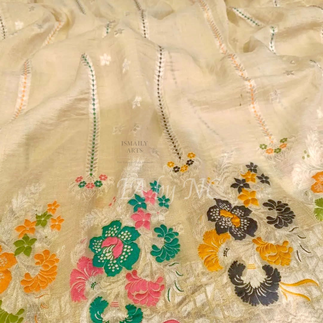 Beige Banarasi Pure Khaddi Tussar Georgette Paithani Saree