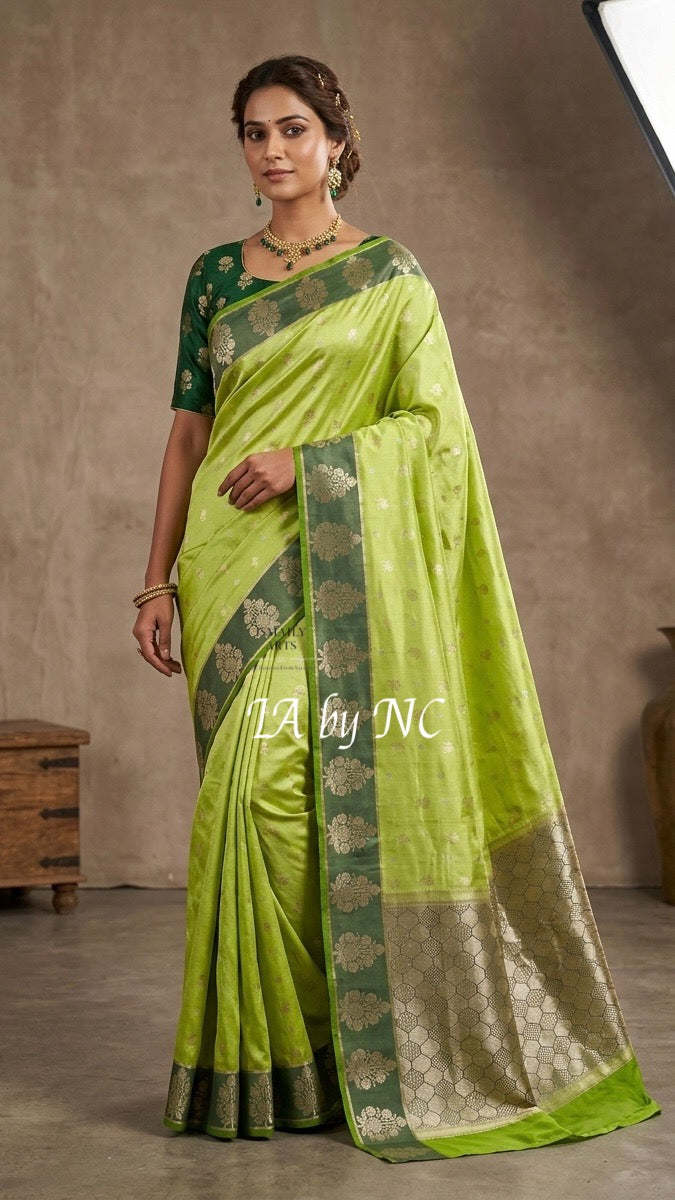 Avocado Banarasi Pure Katan Silk Raw Mango Saree