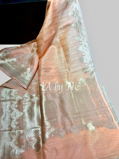 Peach Banarasi Pure Kora Organza Kadwa Saree