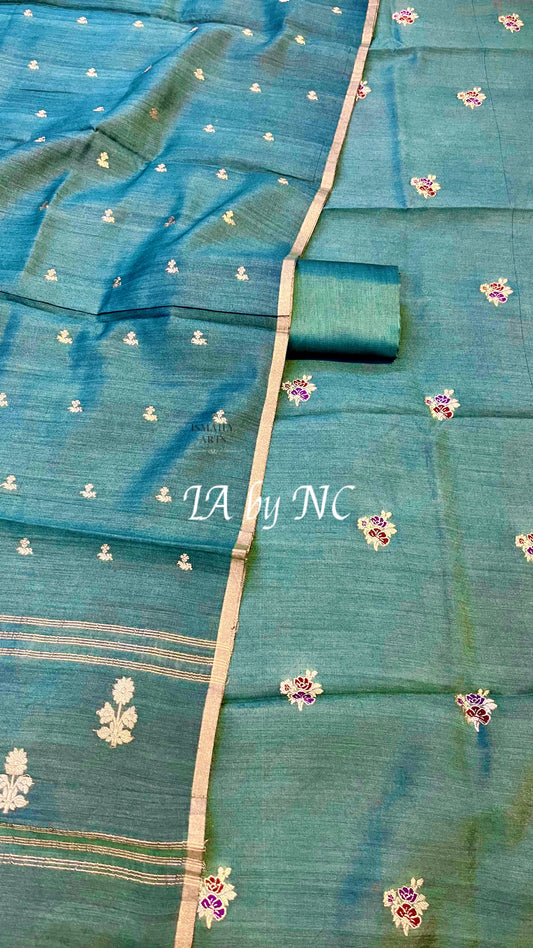 Teal Banarasi Pure Munga Silk Kadwa Dress Materials