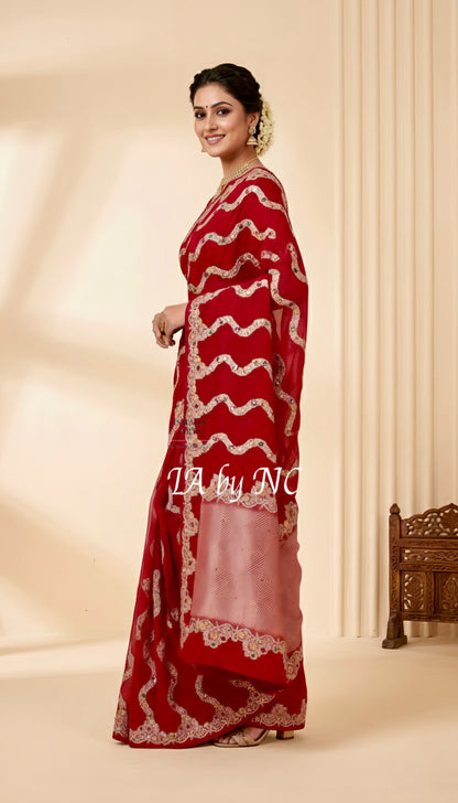 Crimson Banarasi Mashru Katan Silk Meenakari Saree