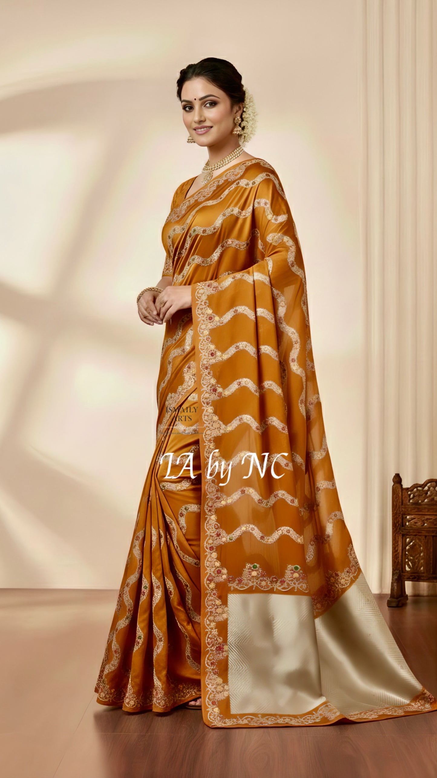 Ochre Banarasi Mashru Katan Silk Meenakari Saree