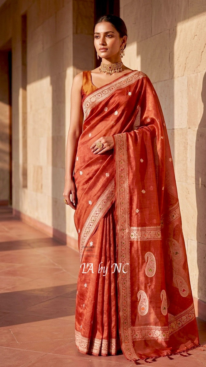 Scarlet Banarasi Pure Khaddi Tissue Georgette Kadwa Saree