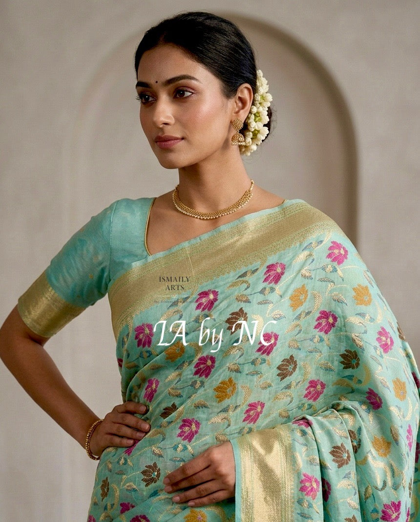 Turquoise Banarasi Pure Munga Silk Saree