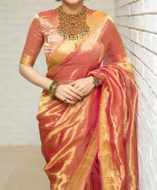 Salmon Banarasi Pure Tissue Silk Saree