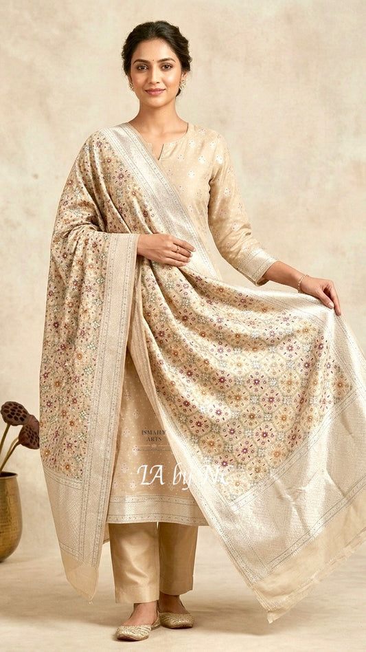 Beige Banarasi Pure Munga Silk Dress Material