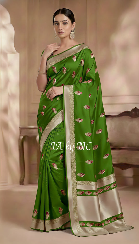 Avocado Banarasi Mashru Katan Silk Meenakari Saree