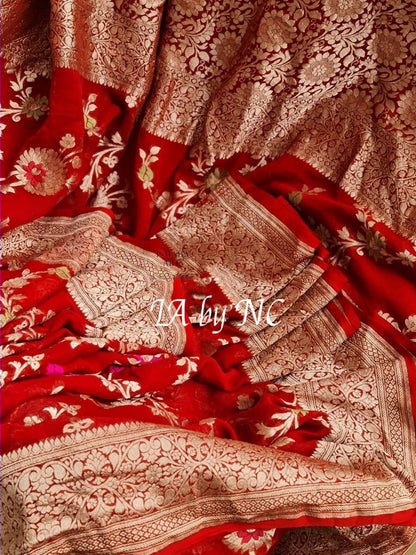 Crimson Banarasi Pure Khaddi Georgette Meenakari Saree