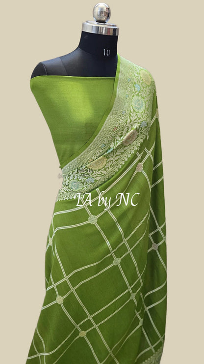 Avocado Banarasi Pure Khaddi Tussar Georgette Paithani Saree