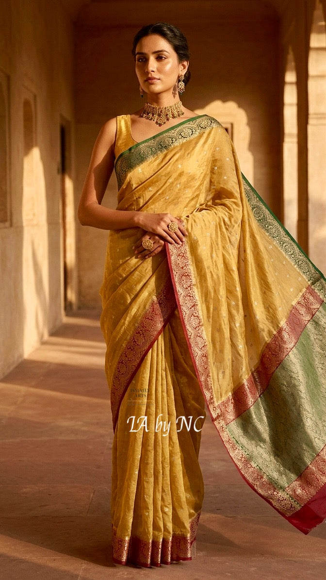 Mustard Banarasi Pure Kora Silk Kadwa Saree - Ganga Jamuna Border