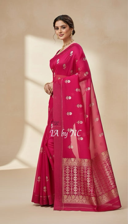 Cerise Banarasi Pure Kora Silk Saree