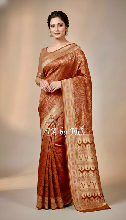Ochre Banarasi Mashru Katan Silk Saree