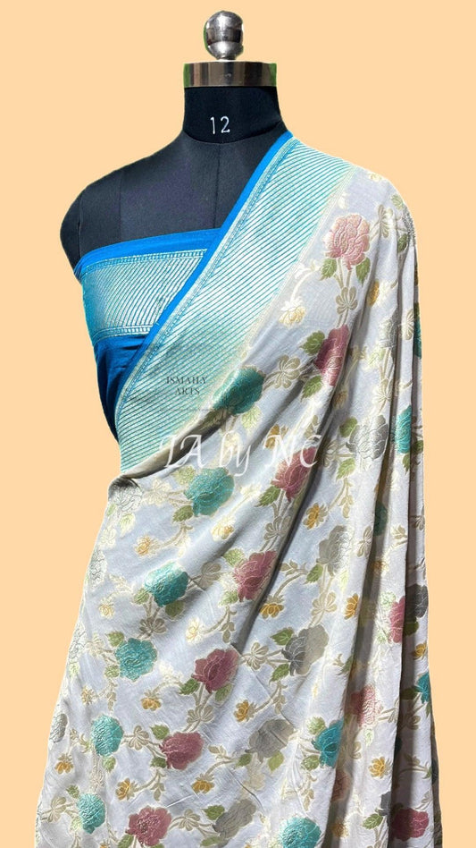 Off-white Banarasi Pure Khaddi Munga Saree