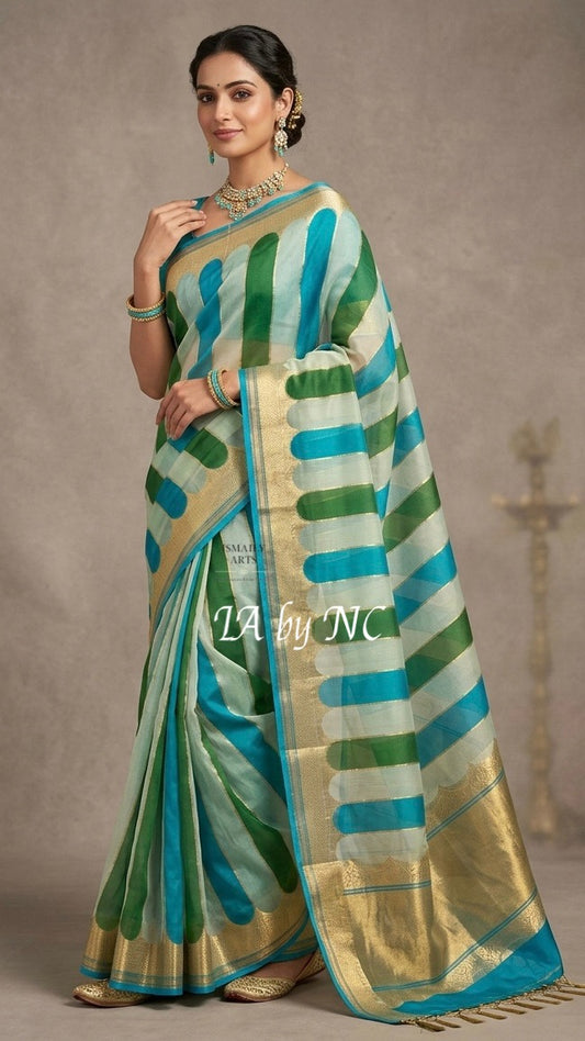 Turquoise Banarasi Pure Kora Organza Kadwa Saree