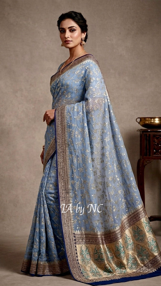 Airforce Banarasi Pure Khaddi Georgette Saree