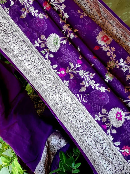 Grape Banarasi Pure Khaddi Georgette Meenakari Saree