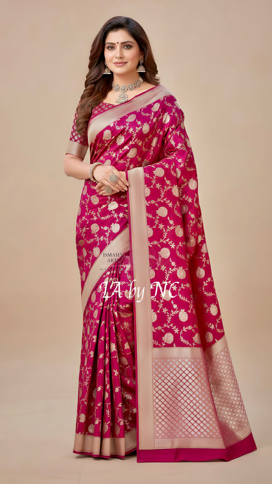 Cerise Banarasi Pure Munga Silk Saree