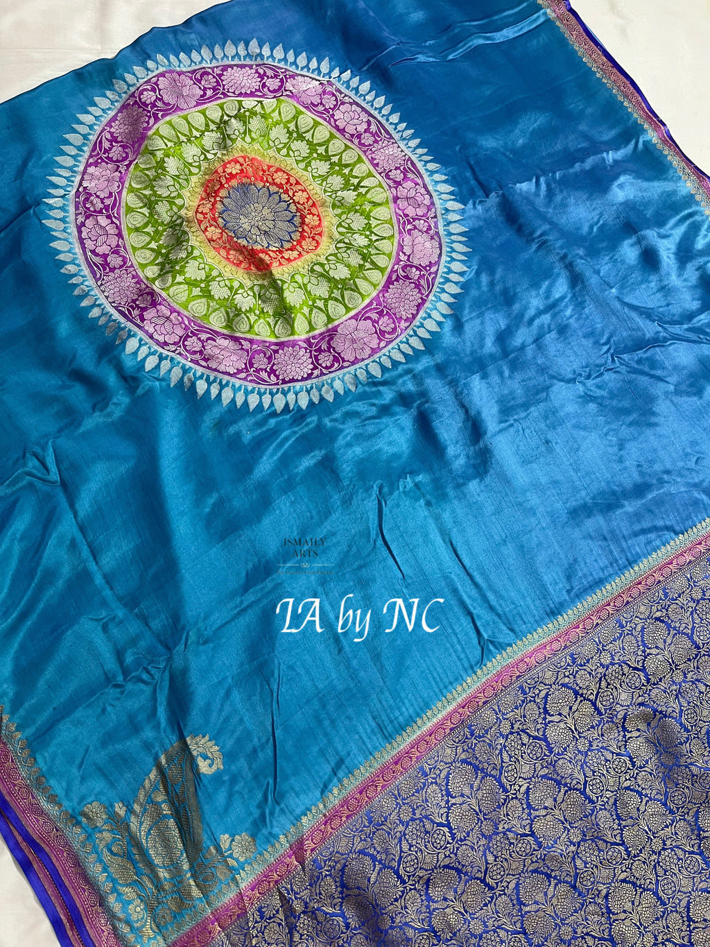 Teal Banarasi Pure Katan Mashru Silk Saree