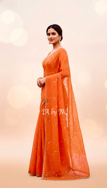 Scarlet Banarasi Pure Kora Organza Handwork Saree