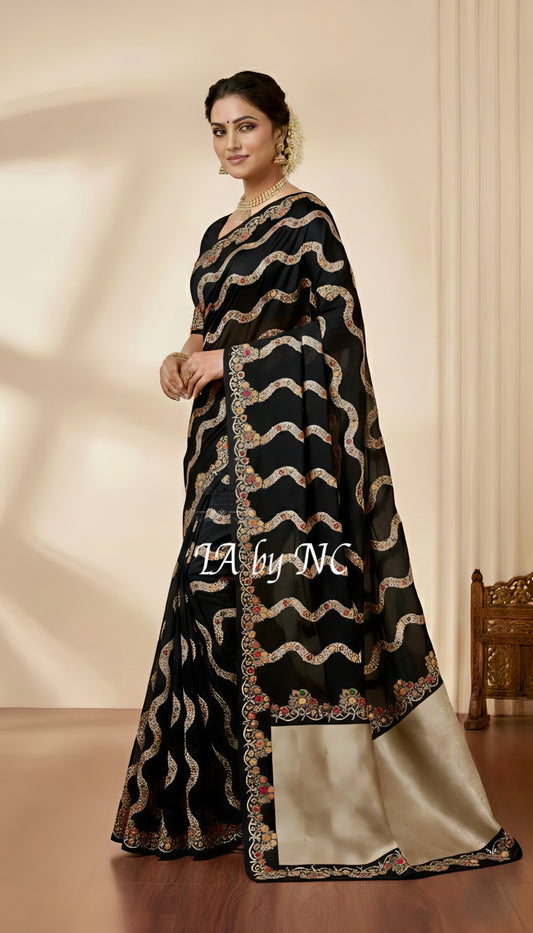 Black Banarasi Mashru Katan Silk Meenakari Saree
