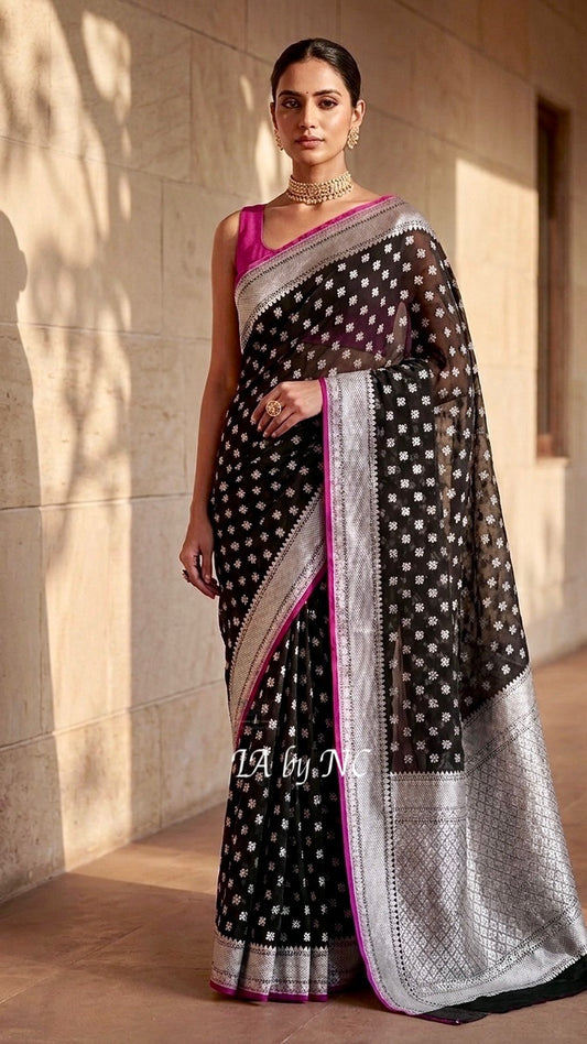 Black Banarasi Pure Khaddi Georgette Saree