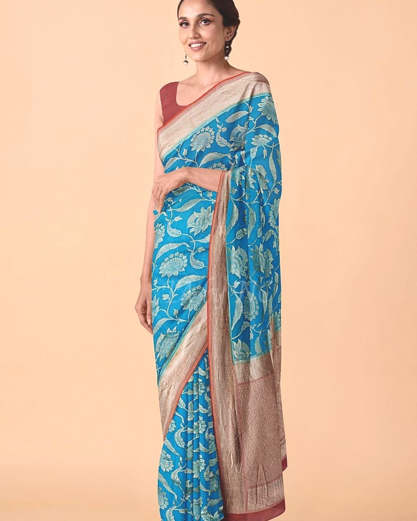 Turquoise Banarasi Pure Khaddi Georgette Saree