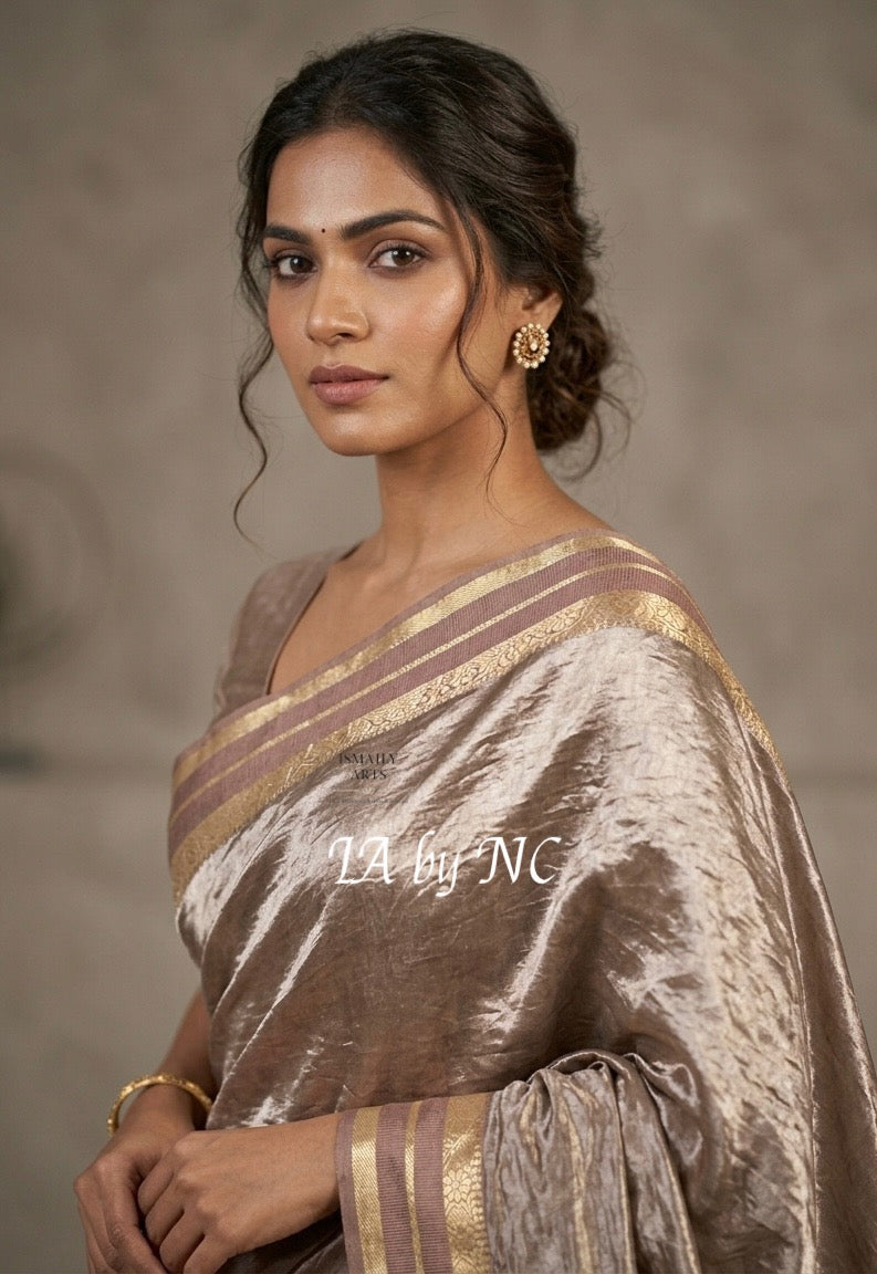 Caramel Banarasi Pure Tissue Silk Saree - Double Katan Border
