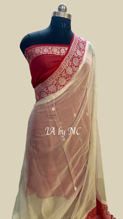 Ivory Banarasi Pure Khaddi Georgette Kadwa Saree
