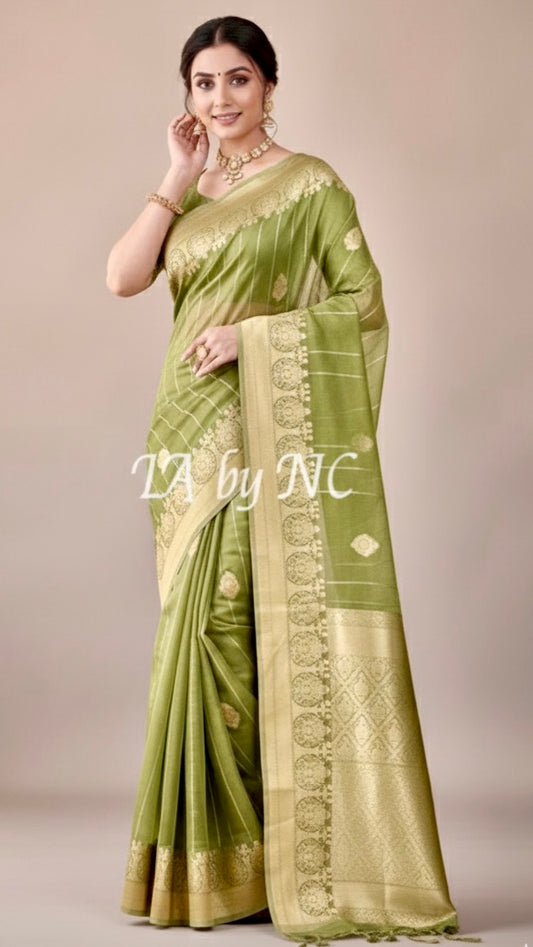Olive Banarasi Pure Kora Organza Kadwa Saree