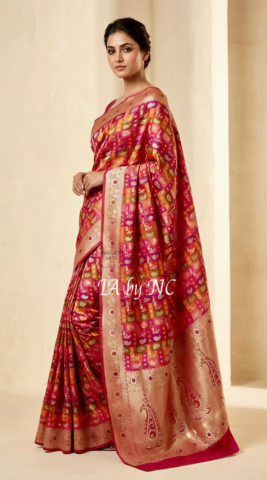 Carmine Banarasi Pure Katan Silk Tilfi Meenakari Rangkat Saree