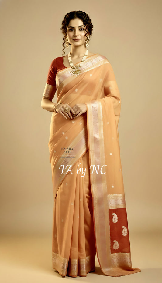 Ochre Banarasi Pure Khaddi Georgette Kadwa Saree