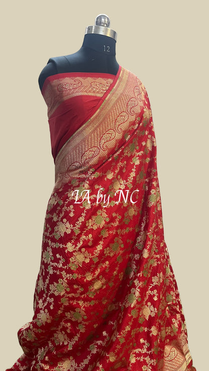 Carmine Banarasi Pure Katan Silk Pattu Meenakari Saree