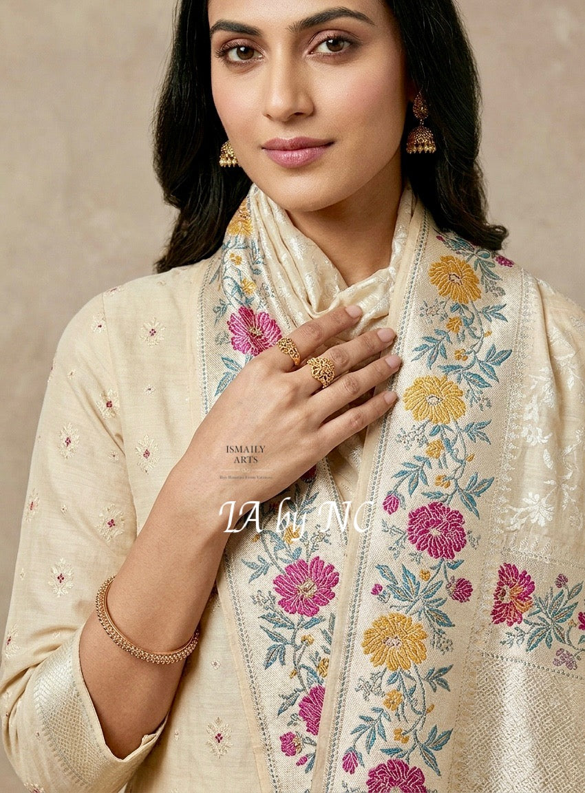 Beige Banarasi Pure Munga Silk Dress Material