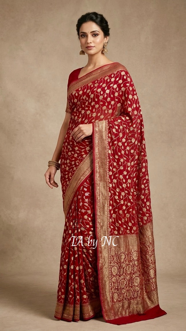 Carmine Banarasi Pure Khaddi Georgette Saree